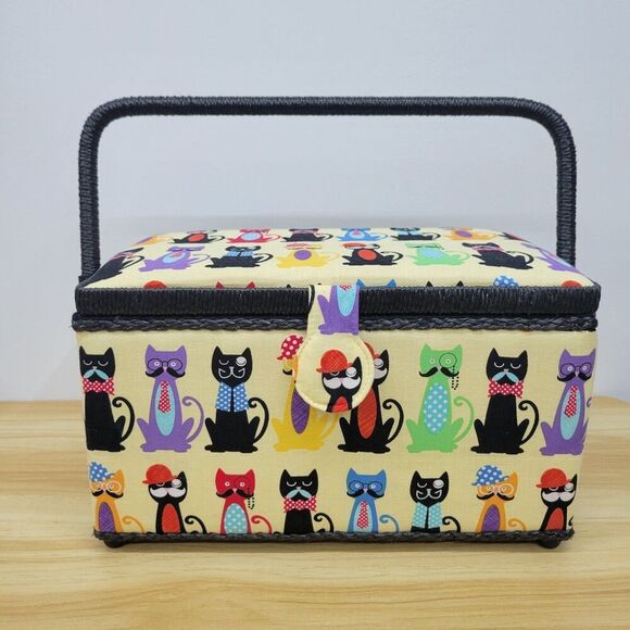 Whimsical Cat Print Sewing Basket – Fabric Covered with Handle - Picture 1 of 11